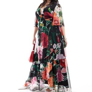 Floral Maxi Dress - Black with Multicolor Floral Print